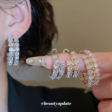 Silver Tone Crystal Hoop Earrings with Layered Oval Drops