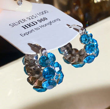 Blue Crystal Scalloped Hoop Earrings with Silver Tone Beaded Edges