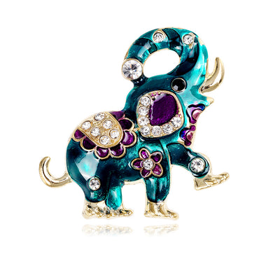 Front product view of the elephant brooch pin in aqua and gold