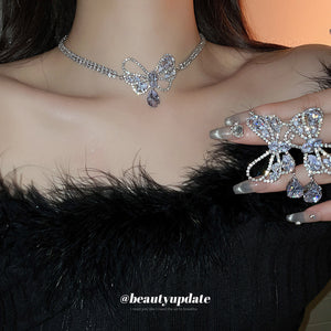 Silver Tone Crystal Bow Necklace And Earrings With Teardrop Drops