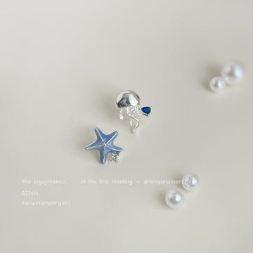 Silver Tone Blue Starfish And Jellyfish Asymmetric Stud Earrings