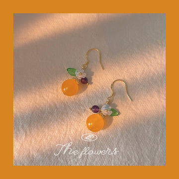 Orange Fruit Dangle Earrings Flower Leaf Accents Gold Hooks