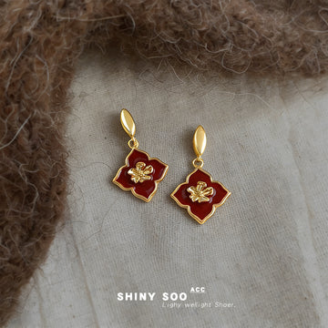Gold Tone Burgundy Four Petal Flower Long Drop Stud Earrings