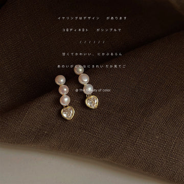 Gold Tone Triple Pearl And Clear Heart Drop Stud Earrings