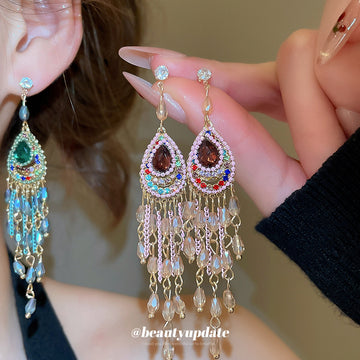 Crystal Teardrop Chandelier Earrings In Pink And Green