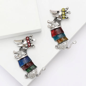 Striped Crowned Dachshund Enamel Brooch in Two Colorways