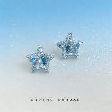Silver Tone Translucent Aqua Star Earrings In Stud And Clip On Styles