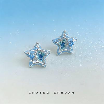 Silver-tone translucent-aqua-star earrings in two fastening styles in the first product display.