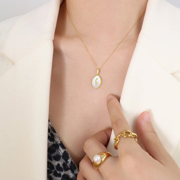 White Shell Tulip Oval Pendant Necklace Gold Tone Chain