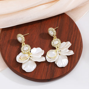White Petal Flower Drop Earrings with Clear Double Halo Stones, Gold-Tone