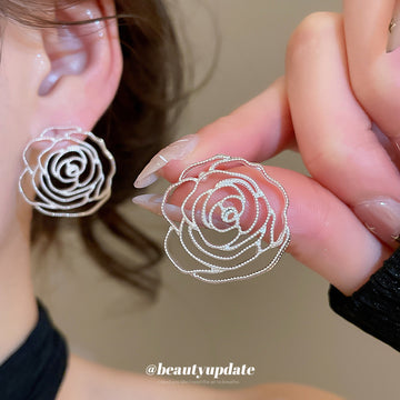 Silver Tone Open Rose Outline Stud Earrings With Decorative Details