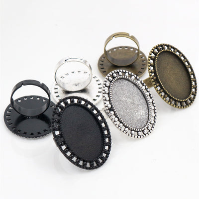 Image 1 showing oval bezel ring blanks with beaded edge in three finishes in the pictured colors and forms