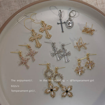 Gold-Tone Pavé Cross Stud And Pearl Cross Drop Earrings