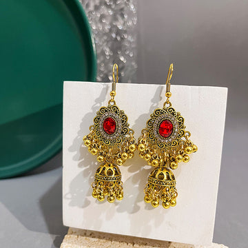 Antique Gold Jhumka Bell Drop Earrings Crystal Centers