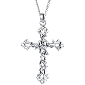 Silver Rose Thorn Cross Pendant Necklace Link Chain