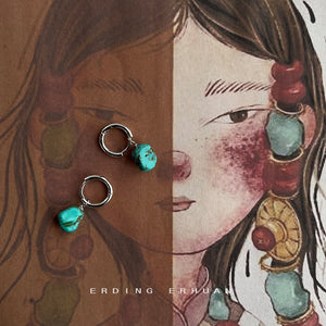 Silver Tone Huggie Hoop And Irregular Turquoise Stone Drop Earrings