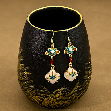 Colorful Palace Flower White Petal Long Hook Earrings