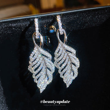 Crystal Leaf Drop Earrings with Silver Tone Openwork