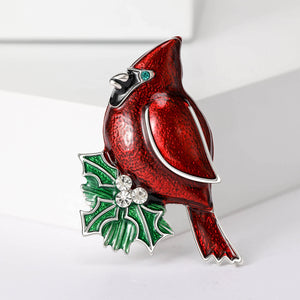 Red Enamel Cardinal Bird Holly Brooch Rhinestone Accent Pin