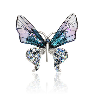 Iridescent Wing Butterfly Brooch With Blue Crystal Accents