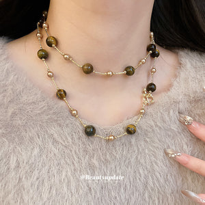Brown and White Beaded Long Strand Necklace Statement Fashion Jewelry