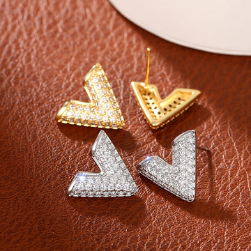 Silver Gold Tone V Shape Pave Clear Stone Stud Earrings