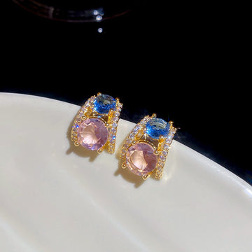 Pink and Blue Crystal C-Hoop Earrings with Polished Metal Details