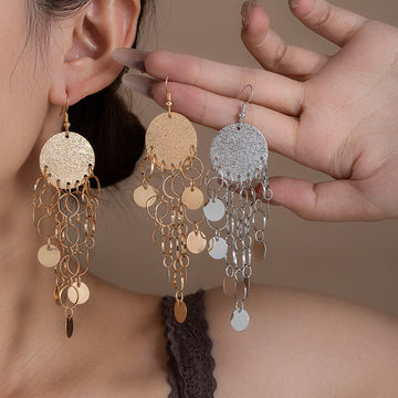 Gold and Silver Disc Ring Chain Chandelier Hook Earrings
