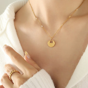 Chinese Lock Pendant Necklace Flat Link Chain Gold Steel Rose Gold