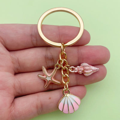 Image 1 showing a hand holding a gold keychain with an image of a mermaid and seas.