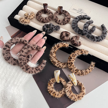 Eight Leopard Print Fuzzy Open C Hoop Statement Earrings