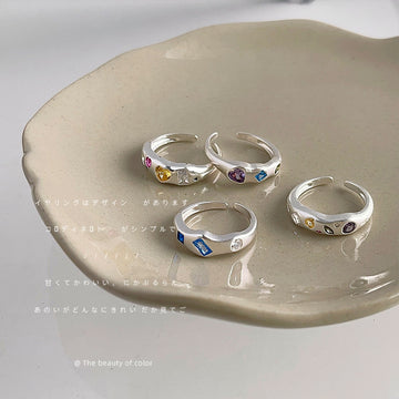 Silver Open Adjustable Rings Multicolor Mini Stone Inlays