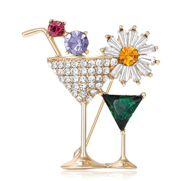 Two Cocktail Glass Brooch With Crystal Daisy in Gold or Silver Tone