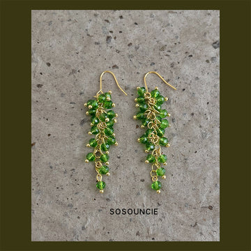 Gold Green Glass Crystal Cascade Tassel Drop Earrings