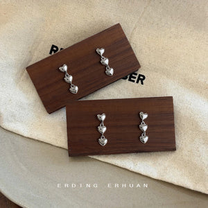 Silver Triple Linked Heart Drop Earrings Mini Chain