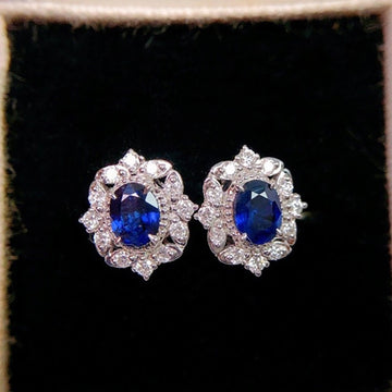Deep Blue Oval Floral Halo Stud Earrings In Silver Tone