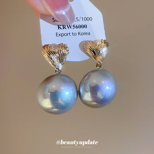 Gold Tone Heart Stud Earrings with Gray Pearl Drops