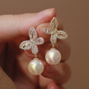 Gold and Silver Butterfly Crystal Pearl Drop Earrings
