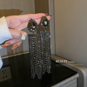 Three Color Teardrop Crystal Long Tassel Statement Earrings
