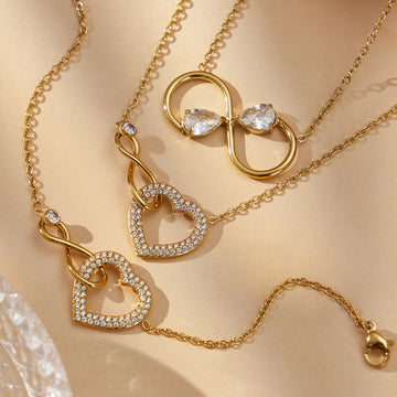 Gold Infinity Heart Zircon Necklace And Bracelet Set