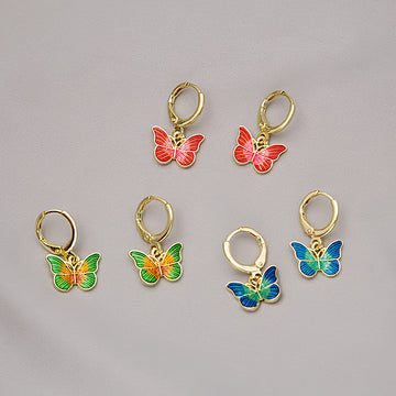 Gold Tone Painted Butterfly Small Huggie Earrings in Two Colors