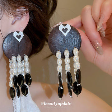 Wood Disc Pearl and Black Bead Drop Stud Earrings Statement Jewelry