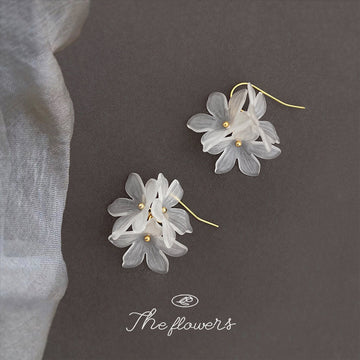 Frosted White Acrylic Flower Drop Earrings Gold Hook