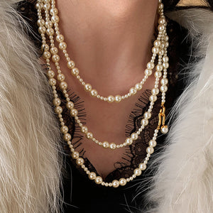 White Faux Pearl Double Strand Long Necklace With Gold Tone Clasps