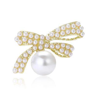 Main front view of Pearl Bow Brooch In Gold And Silver Tones With Pearl Drop