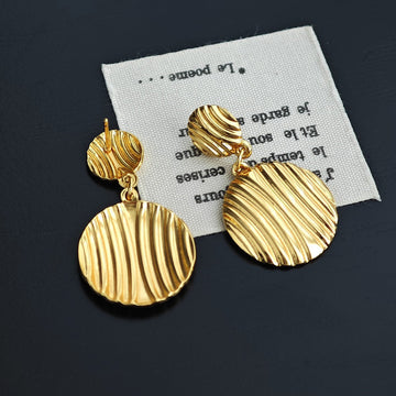 Ridged Double Round Disc Drop Earrings in Gold Tone