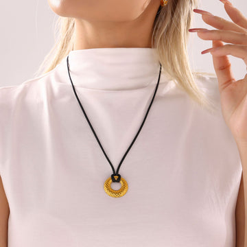 Adjustable Black Leather Cord Necklace Embossed Round Disc Pendant