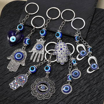 Silver Tone Hamsa Hand Heart and Blue Evil Eye Keychains