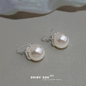 Silver Large Glass Pearl Cap Drop Earrings Pair Set