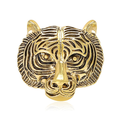 Product image 1 showing the openwork tiger face brooch in antique gold or silver.